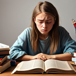 ** A student artist looking overwhelmed but determined, surrounded by art supplies and textbooks. The scene should convey stress balanced with a positive attitude. Consider a background of a cluttered desk with open books on art techniques. The style should be realistic with slightly exaggerated features to emphasize emotion.

**