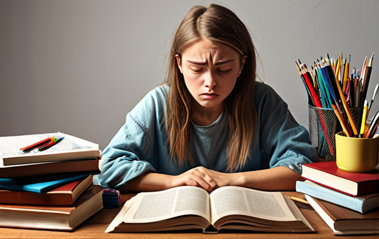 ** A student artist looking overwhelmed but determined, surrounded by art supplies and textbooks. The scene should convey stress balanced with a positive attitude. Consider a background of a cluttered desk with open books on art techniques. The style should be realistic with slightly exaggerated features to emphasize emotion.
**