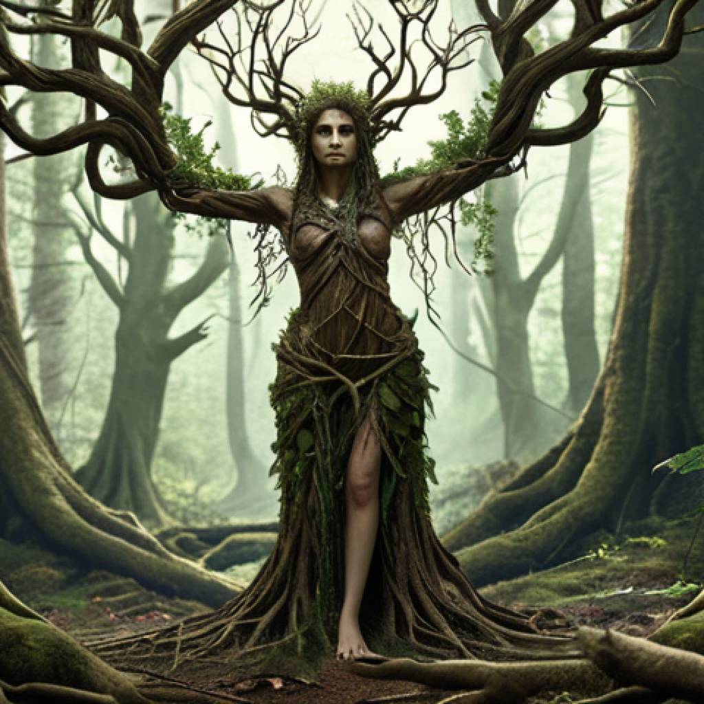 **

"A character design inspired by nature: a dryad with limbs resembling twisted branches of an old tree, standing in a mystical forest. Earthy tones, intricate details, fantasy art style."

**