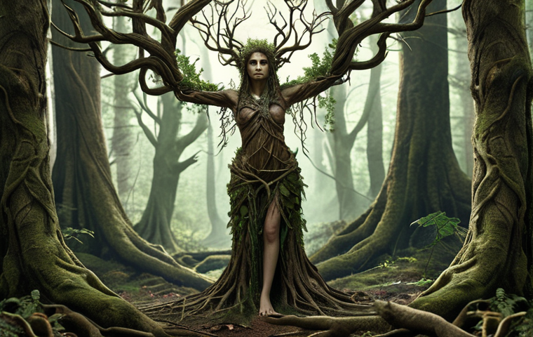 **

"A character design inspired by nature: a dryad with limbs resembling twisted branches of an old tree, standing in a mystical forest. Earthy tones, intricate details, fantasy art style."

**
