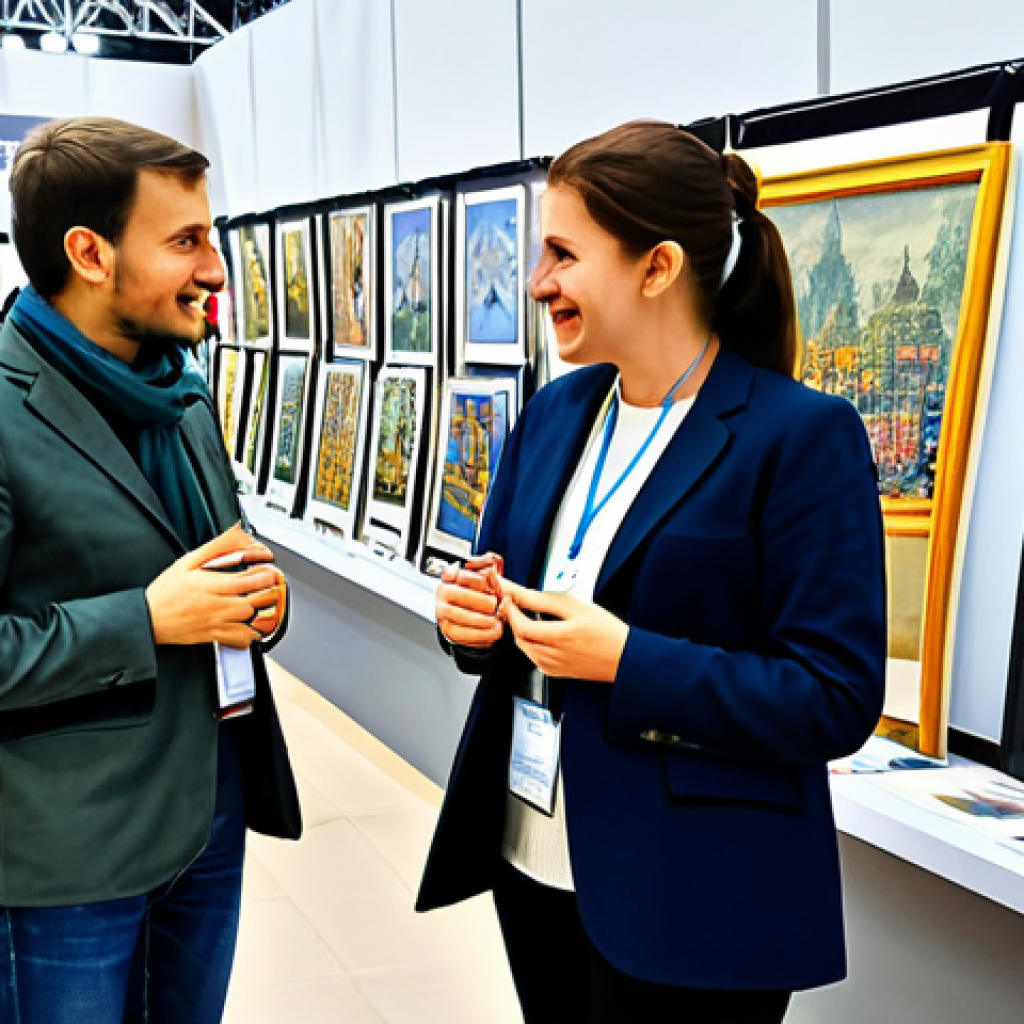 Networking at a Professional Event**

A group of fully clothed artists at a professional illustration conference in Moscow, Russia. They are dressed in modest, professional attire and engaging in friendly conversation. The background shows displays of artwork and vendor booths. Perfect anatomy, correct proportions, natural pose, well-formed hands, proper finger count, natural body proportions, safe for work, appropriate content, professional, modest, family-friendly.

**