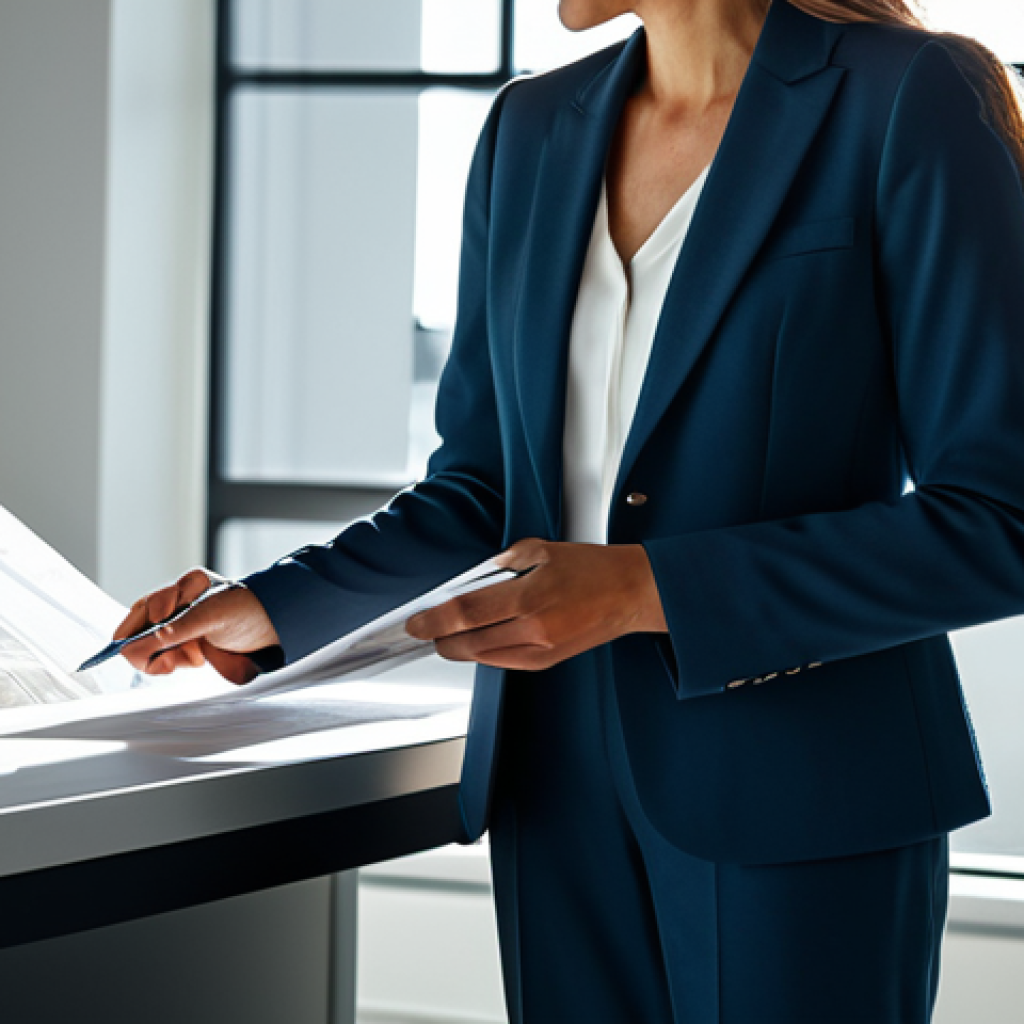 ** A professional architect, fully clothed in a modest blazer and dress pants, reviewing blueprints in a sunlit, modern office. Clean lines, natural light, focus on architectural details. Safe for work, appropriate content, professional, perfect anatomy, correct proportions, well-formed hands.

**