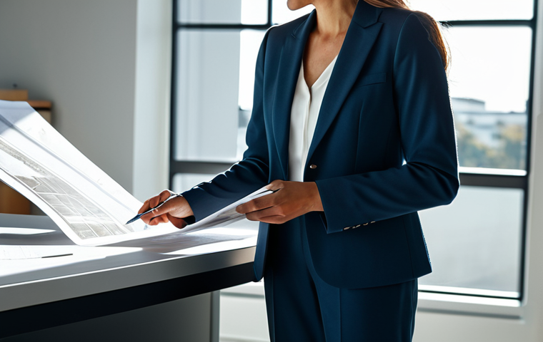 ** A professional architect, fully clothed in a modest blazer and dress pants, reviewing blueprints in a sunlit, modern office. Clean lines, natural light, focus on architectural details. Safe for work, appropriate content, professional, perfect anatomy, correct proportions, well-formed hands.

**
