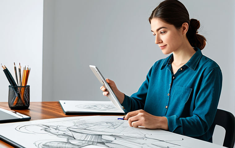 **

A professional character designer, fully clothed in modest attire, working on a digital tablet in a brightly lit studio. The studio is filled with sketches, reference materials, and design tools. Perfect anatomy, correct proportions, natural pose, professional workspace, safe for work, appropriate content, family-friendly.

**