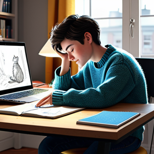 Home 25 Freelance Character Designer at Work**
"A young freelance character designer, fully clothed in a comfortable sweater and jeans, sitting at a desk in a brightly lit home office. The desk is covered with sketchbooks, a Wacom tablet, and reference materials. A cat is curled up asleep nearby. The style is a professional digital painting, with soft lighting and realistic textures. Safe for work, appropriate content, professional, perfect anatomy, well-formed hands, natural pose, family-friendly."
**
