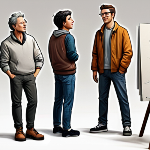 Home 23 Character Concept Development**
"A group of artists brainstorming character concepts in a cozy studio. Mood board with sketches, color palettes, and character descriptions. Fully clothed artists in casual wear, appropriate content, safe for work. Focus on creativity and collaboration. Perfect anatomy, natural proportions, professional illustration, high quality."
**