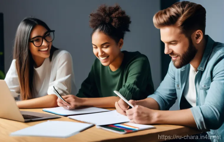 캐릭터디자인 직무에서 성공적인 협업 사례 - **Prompt for "Creative Brainstorming and Diverse Perspectives":**
"A group of four diverse creat...