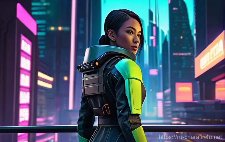 캐릭터디자인과 AI 기술의 융합 사례 - **Prompt 1: Futuristic Cyberpunk Explorer**
    A female explorer, standing confidently amidst a glo...