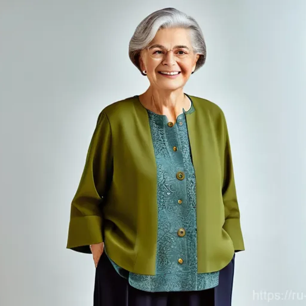 캐릭터디자인 직무에서의 지속 가능성 이슈 - An elderly woman with a gentle, wise smile, dressed in a practical yet elegant layered tunic and com...