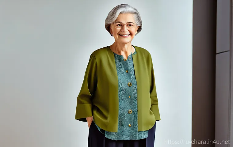 캐릭터디자인 직무에서의 지속 가능성 이슈 - An elderly woman with a gentle, wise smile, dressed in a practical yet elegant layered tunic and com...