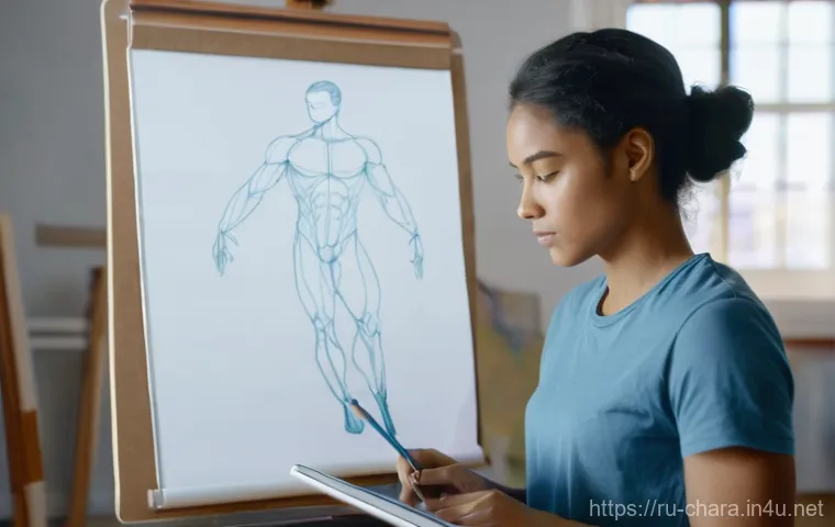 캐릭터디자인 자격증의 필수 참고 자료 - **A focused female artist in a vibrant studio.** A young woman in her early twenties, with a concent...