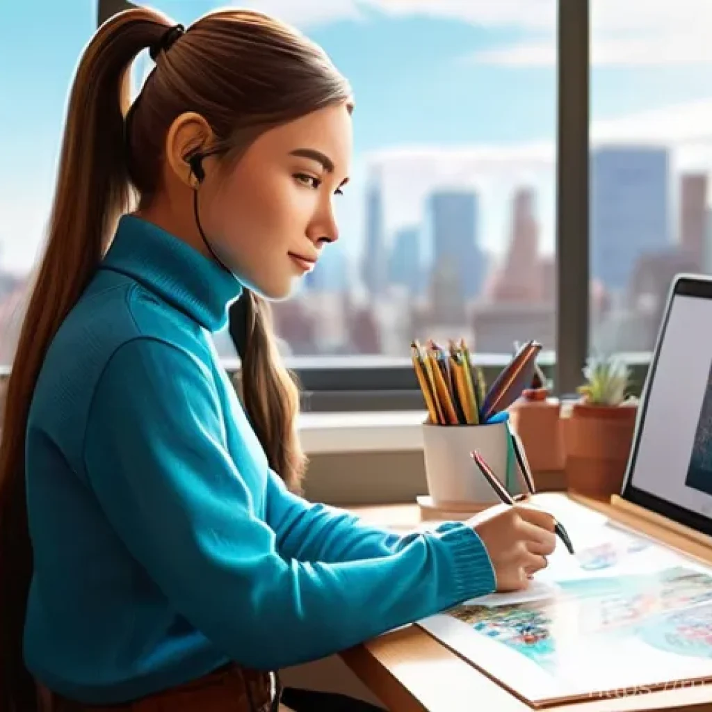 캐릭터디자이너 연봉 협상 팁 - **Prompt 1: Focused Character Artist Crafting a Portfolio**
    "A highly skilled female character a...