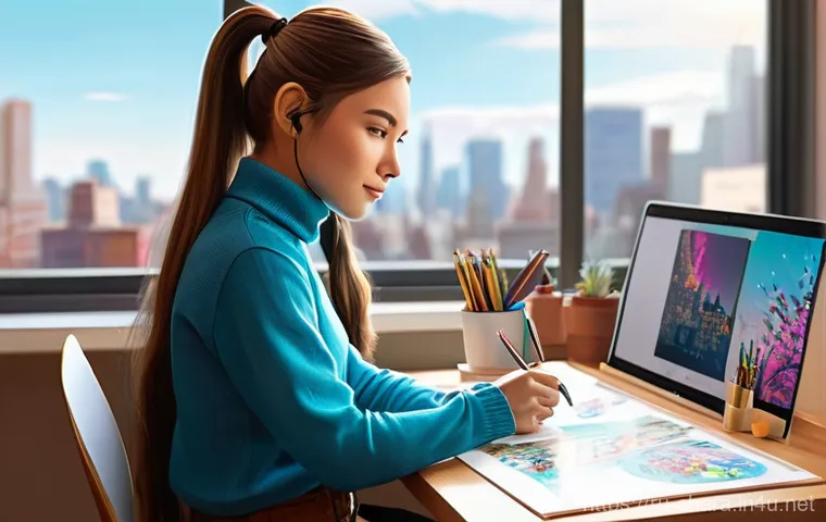 캐릭터디자이너 연봉 협상 팁 - **Prompt 1: Focused Character Artist Crafting a Portfolio**
    "A highly skilled female character a...