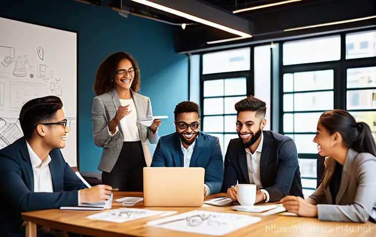 캐릭터디자인 협회 및 네트워크 활용법 - **Networking and Mentorship Session:** A vibrant, brightly lit co-working space where a diverse grou...