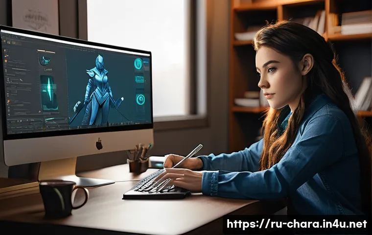 캐릭터디자인 직무 채용 면접 준비 - **Prompt 1: The Creative Flow of a Character Designer**
"A talented female character designer in...