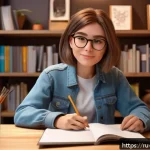 캐릭터디자인 자격증 필기 시험 대비 자료 정리 - A confident young female character designer sitting at a modern workspace filled with sketchbooks, d...