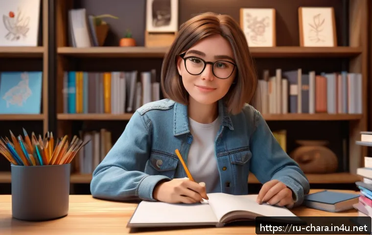캐릭터디자인 자격증 필기 시험 대비 자료 정리 - A confident young female character designer sitting at a modern workspace filled with sketchbooks, d...