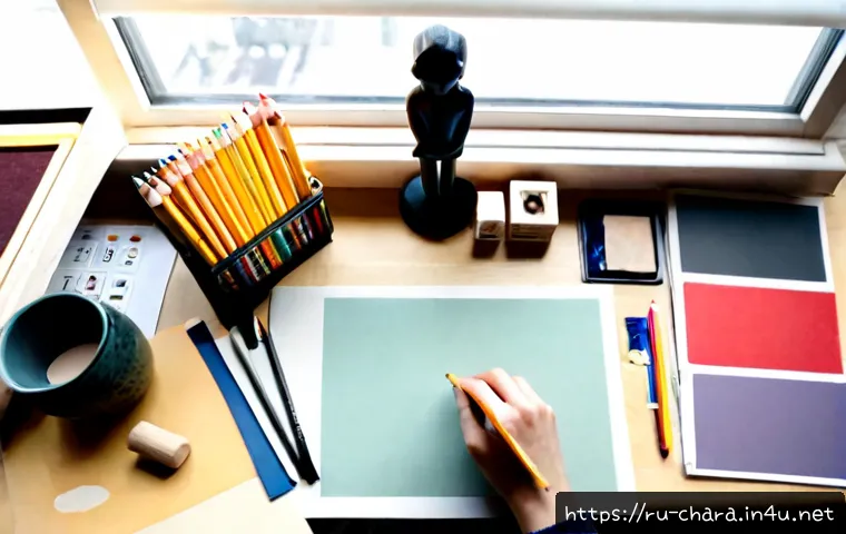 Home 17 캐릭터디자인에서 컬러 팔레트 만들기 - Photorealistic top-down view of a character designer’s tidy studio desk in Moscow, arranging a cohes...