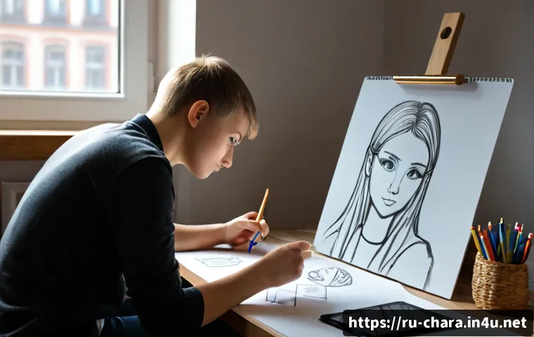 Home 17 캐릭터디자인 직무에서 성장하기 위한 계획 - Photorealistic young Russian character designer in a bright Moscow studio, thoughtfully reviewing ex...