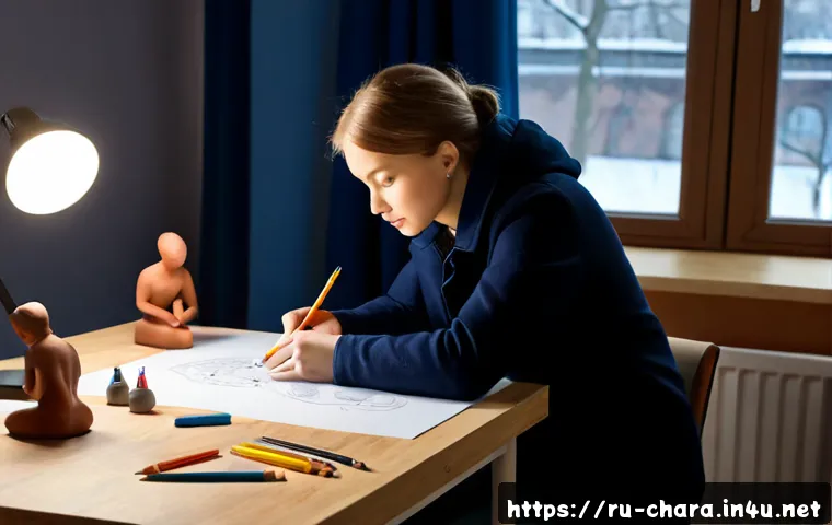 Home 17 캐릭터디자인 직무에서의 창의성 증진 방법 - Photorealistic character designer in a bright Moscow creative studio, arranging hand-drawn character...