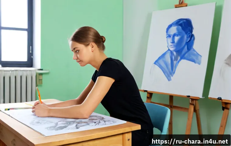 캐릭터디자인 실기 시험의 주요 평가 항목 - Photorealistic character design practical examination in a bright Russian art academy studio, focuse...
