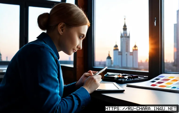 캐릭터디자인 업계 리더로 성장하는 비결 - Photorealistic creative director in a modern Moscow character design studio, confidently reviewing e...